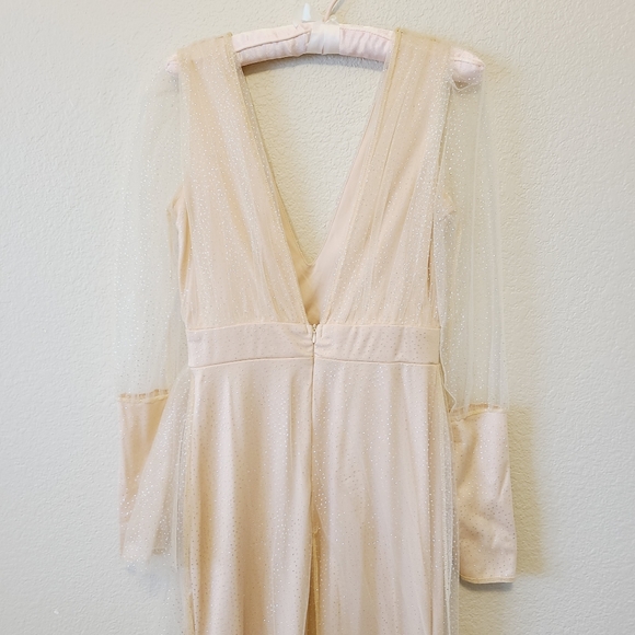 Long Sleeve Plunge Neckline Formal Gown - Nude/Glitter - M - Picture 12 of 16